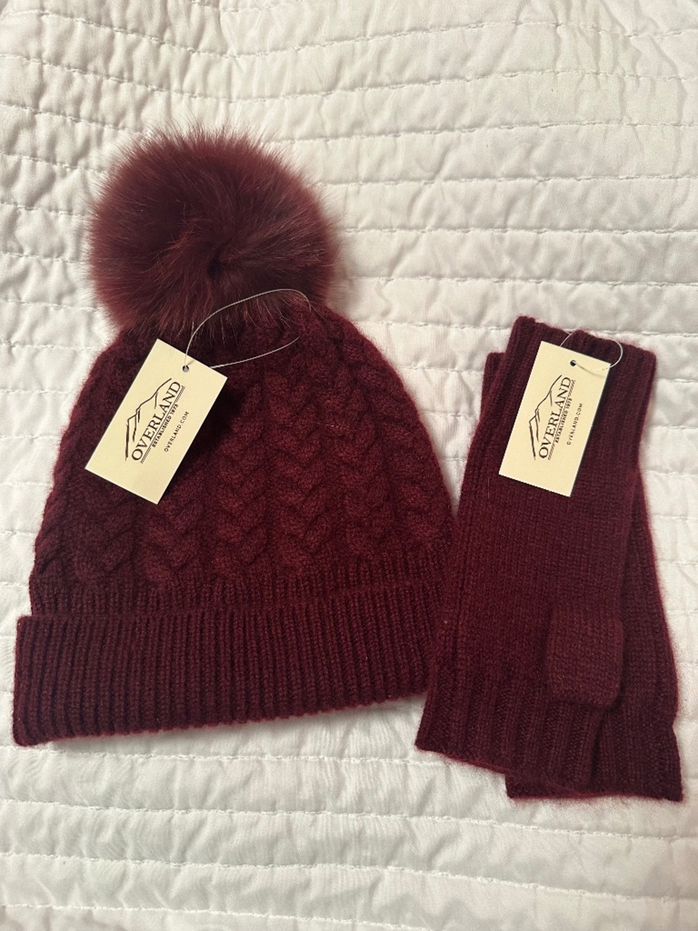 Cashmere Overland hat and fingerless glove set - burgundy